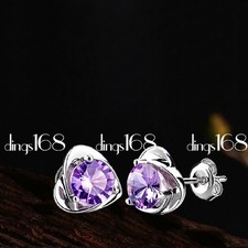 925Sterling Silver Tarnish-Free Purple Crystal Heart 8mm Stud Post Earrings A733