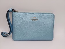 Coach Glitter Collection Corner Zip Wristlet Metallic Sky Blue Box Set NWOT
