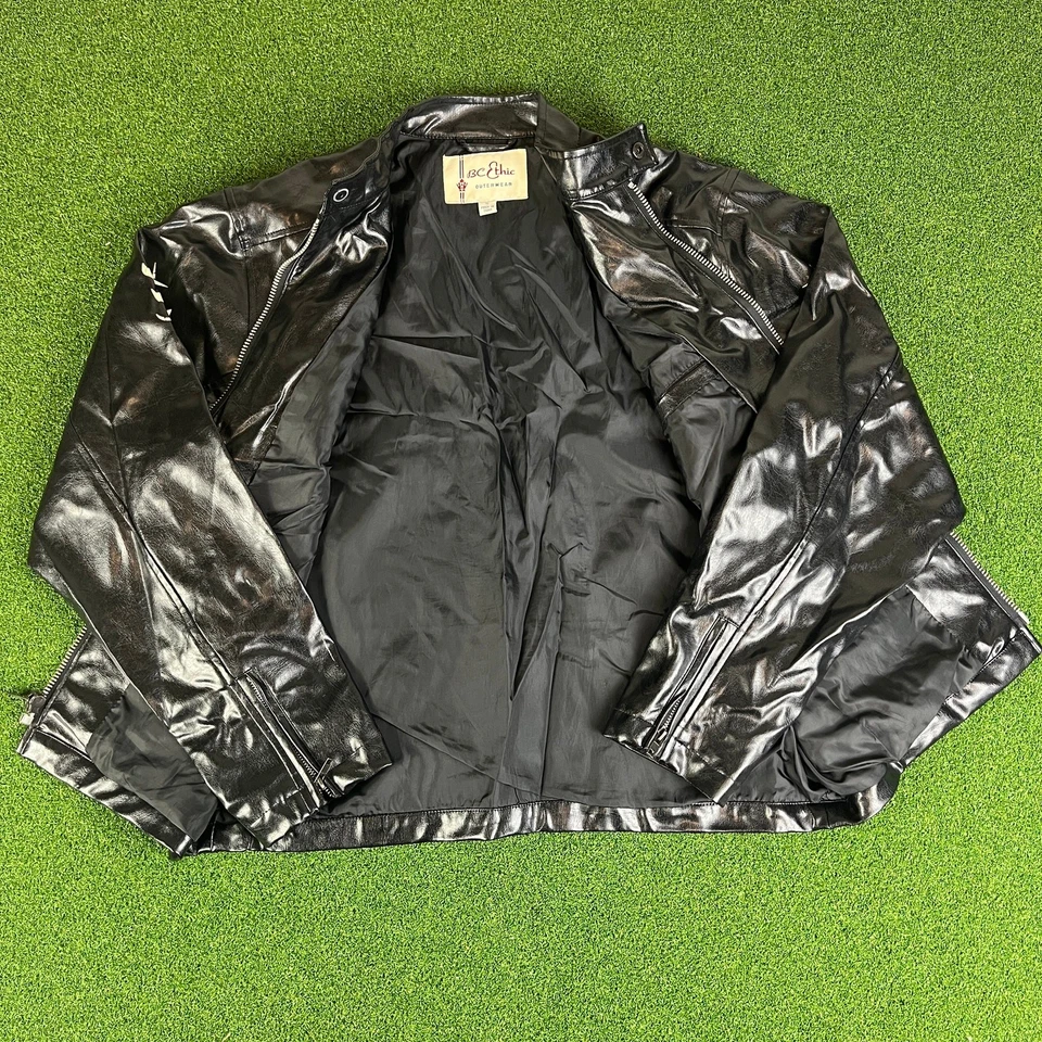 Vtg BC Ethic Black Faux Leather Skull Graphic Jacket Men’s Small Moto Punk Style - Image 4 of 4