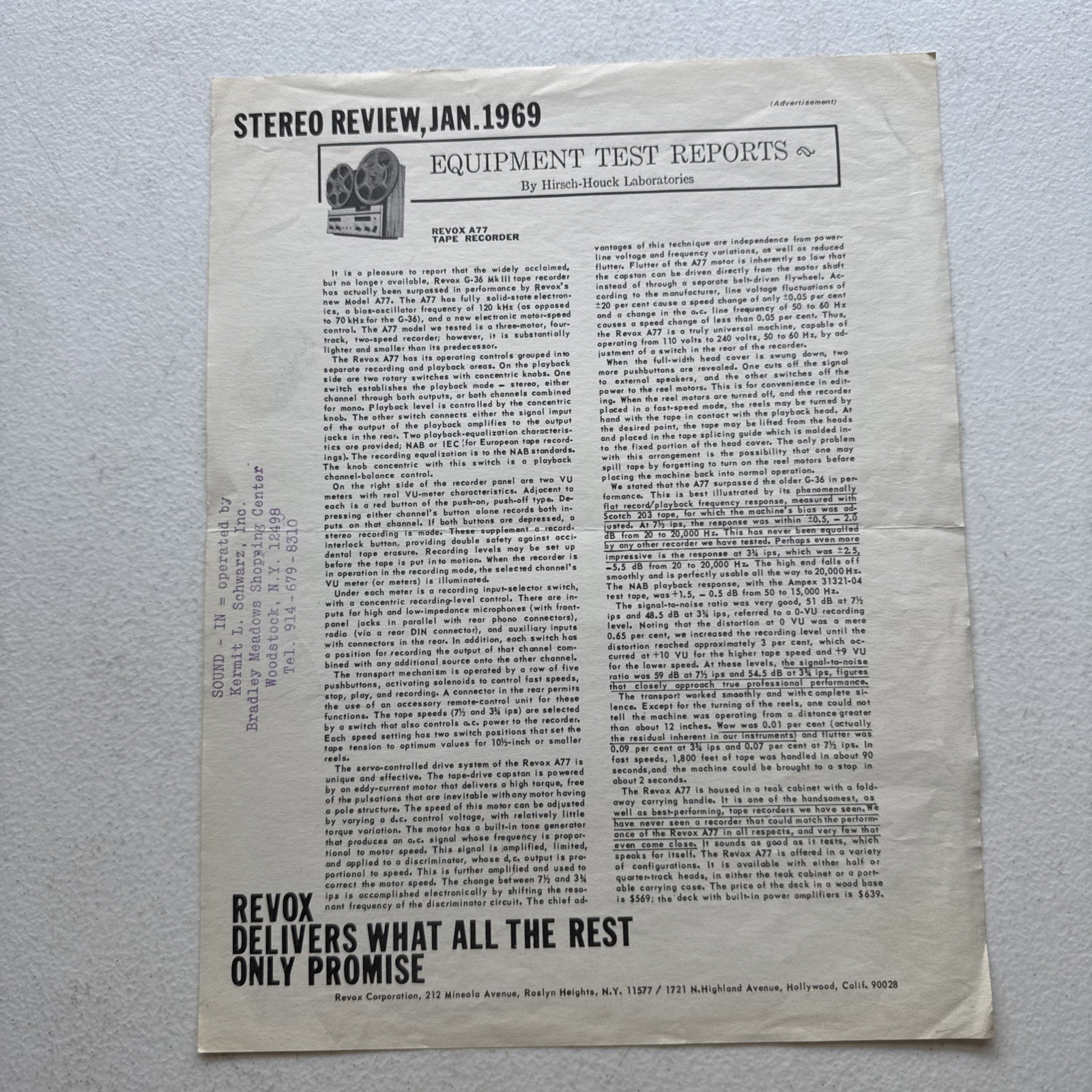 REVOX A77 Tape Recorder Stereo Review January 1969 By Hirsch-Houck Laboratories