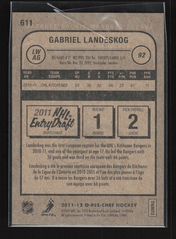 2011-12 Upper Deck #611 Gabriel Landeskog 2011-12 O-Pee-Chee Update - Image 2 of 2