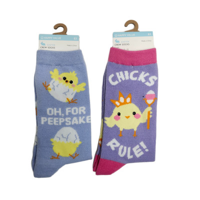 Happy Value Easter Crew Blue Socks Yellow Chicks and Peeps Women's 4-10 2 Pair