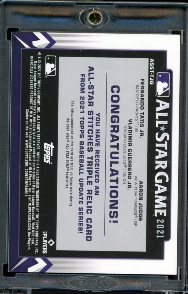 2021 Topps Update All Star Triple Relic Aaron Judge Tatis Jr Guerrero Jr /25 - Image 2 of 2