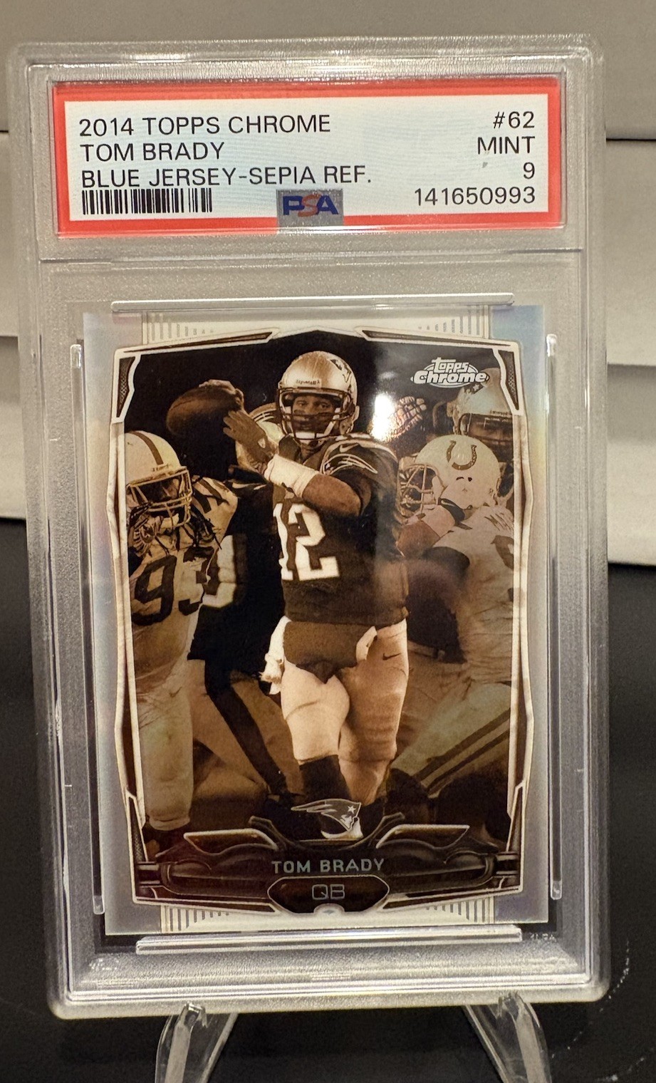 Topps Chrome 2014 Tom Brady Patriots #62 Blue Jersey Sepia Refractor /99 PSA 9