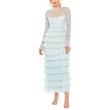 Mac Duggal 8003 Blue Evening Gown Long Sleeve Ruffled Lace A-Line Dress Size 10