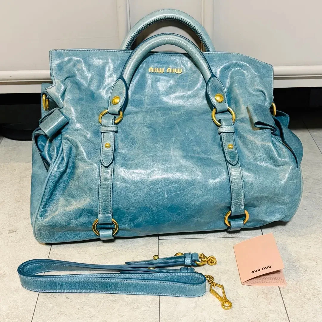 MIU MIU Vitello Lux Leather 2way Handbag Shoulder Bag Bow Blue Gold Used Japan