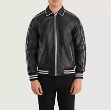 Men's Black Leather Jacket with White Piping Detail Retro Style New with Tags