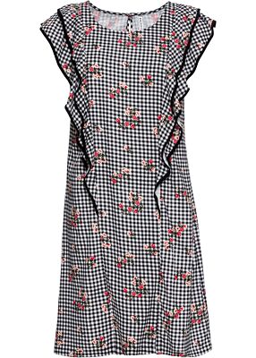 Kleid mit Blumendruck Gr. 38 Schwarz Weiß Kariert Mini Freizeitkleid Neu