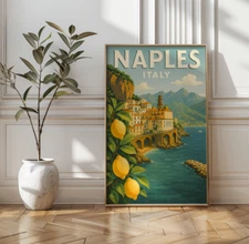 Naples Italy Travel Poster, Amalfi Coast Wall Art, Italian Landscape Decor