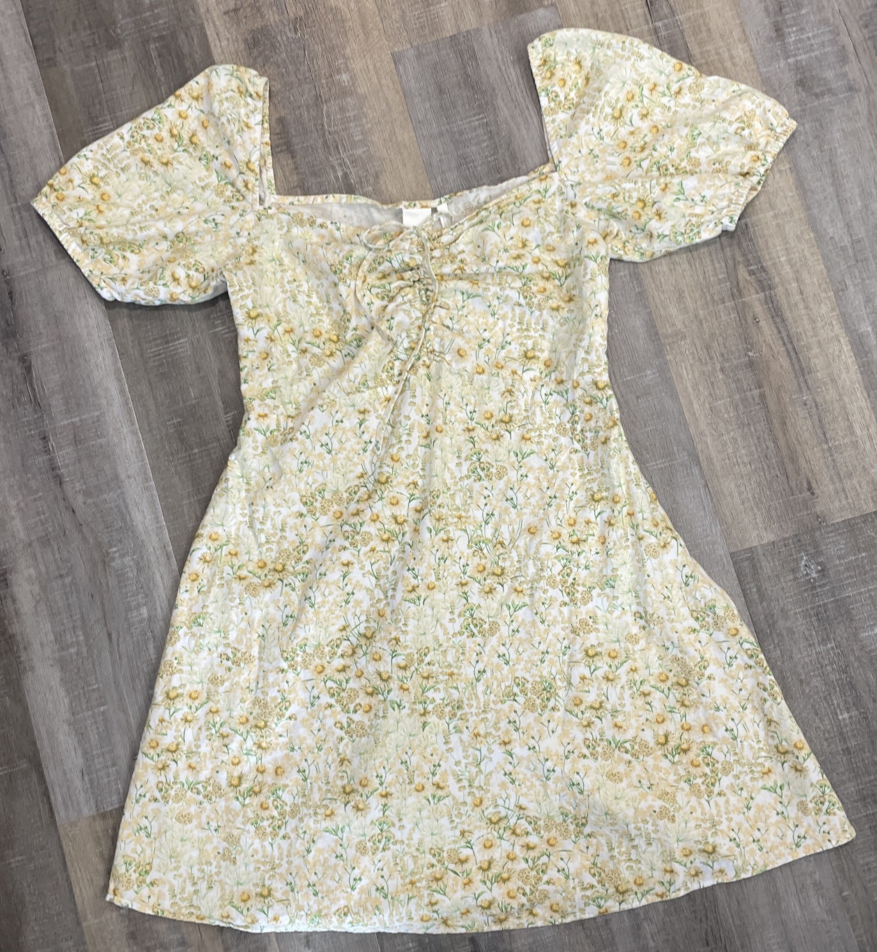 H&M Linen Blend Floral Midi Dress Beige White Womens M Milkmaid Cottage Core