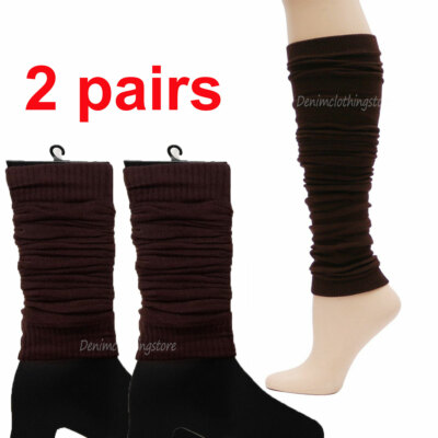 2 Pair Brown Leg Warmers Women Boots Cuff Warmer Ribbed Stretch Knee Leg Socks 