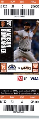 Colorado Rockies vs San Francisco Giants 4/13/2017 Ticket Madison Bumgarner 