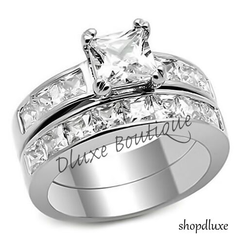 3.75 Ct Princess Cut AAA CZ Stainless Steel Wedding Ring Set Women's Size 5-10-animated-img