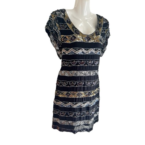 French Connection Black Beaded Sequin Geometric Mini Sheath Dress Size 4 - Picture 4 of 18