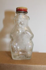 VINTAGE SNOW CREST BEVERAGES BEAR FIGURE GLASS BOTTLE WITH ORIGINAL LID