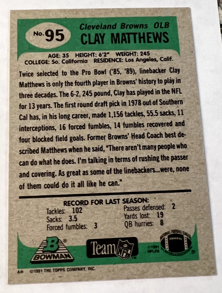 1991 The Topps Company Bowman #95 Clay Matthews Cleveland Browns NFL - Image 2 of 4