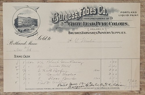 1916 Billhead Portland Kingfield Maine Burgess Fobes Paint Varnish - Picture 6 of 7