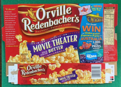 ORVILLE REDENBACHER'S POPPING CORN WITH FINDING NEMO/AUSTRAILIA OFFER~CEREAL BOX