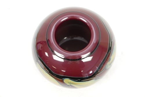 Charles Lotton Multi Flora 5"x7" Art Glass Vase Signed 1990 Purple Maroon Round - Picture 2 of 5