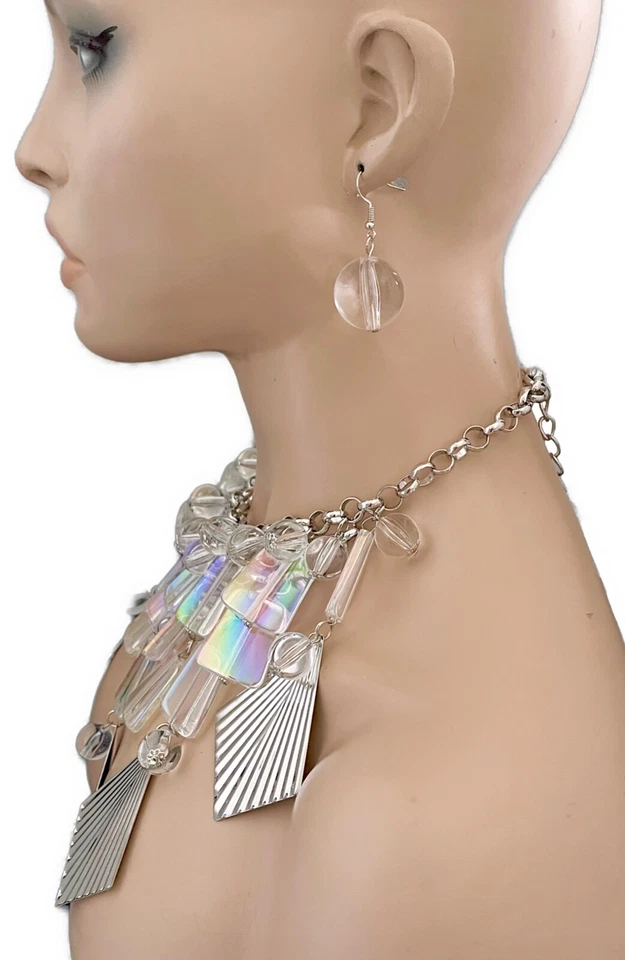 Gargantilla de noche con cuentas de lucite aurora boreal babero flecos collar llamativo Foto 3 de 3