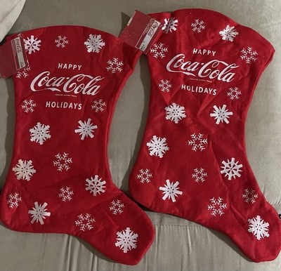 Pair Of Coca-Cola Retro Red Felt Christmas Stockings With Snowflakes