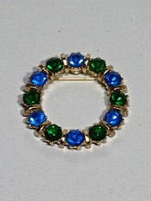 Vintage Estate Gold Tone Blue and Green Rhinestone Wreath Brooch 1.5"