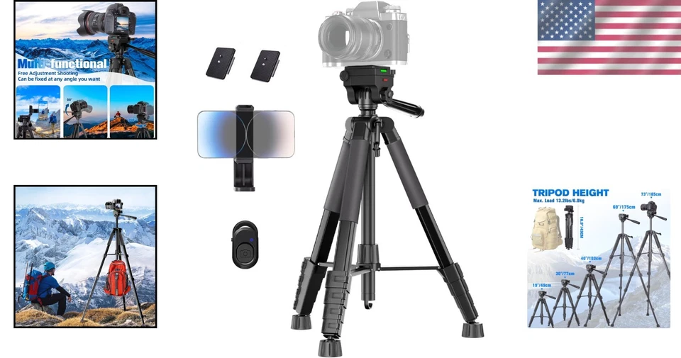 Portable 74" Tripod with Fluid Head for DSLR and Smartphone - Includes Remote - Image 2 of 4
