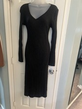 Quince Large Ribbed V Neck Gray Midi Dress Cotton