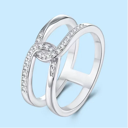 Round Moissanite Interlocking Ring 925 Sterling Silver Double Row Band Size 7