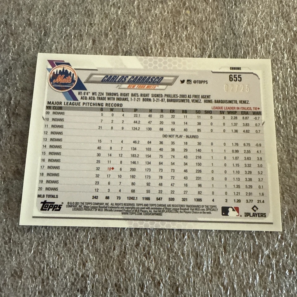 Topps 2021 cromo zafiro Carlos Carrasco naranja/25 Mets #655 Foto 4 de 4