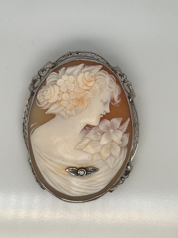 Vintage Cameo Brooch/Pendant, 14KWG frame with Diamond Accent