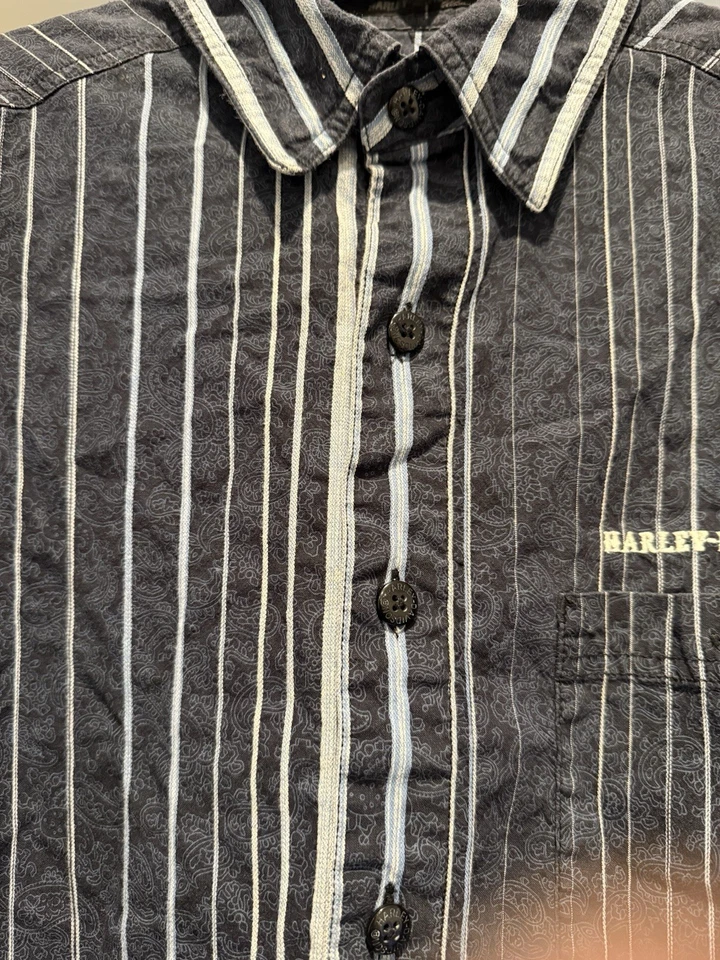 Harley Davidson Estampado Cachemira Monocromo Rayas Verticales Azul Marino Blanco Foto 3 de 4