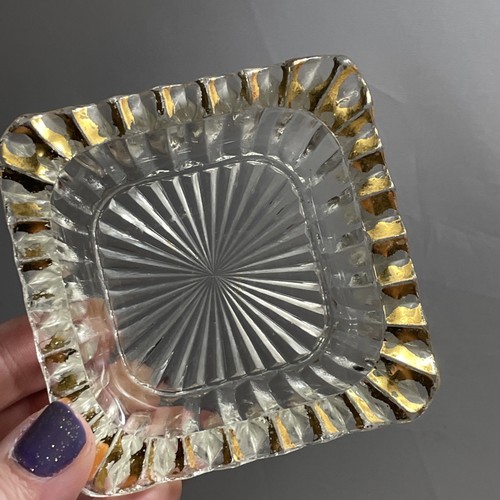 Pair of Individual Square Ashtrays 3.25” Fancy with Gold Rim Pressed Geometric - Picture 6 of 9