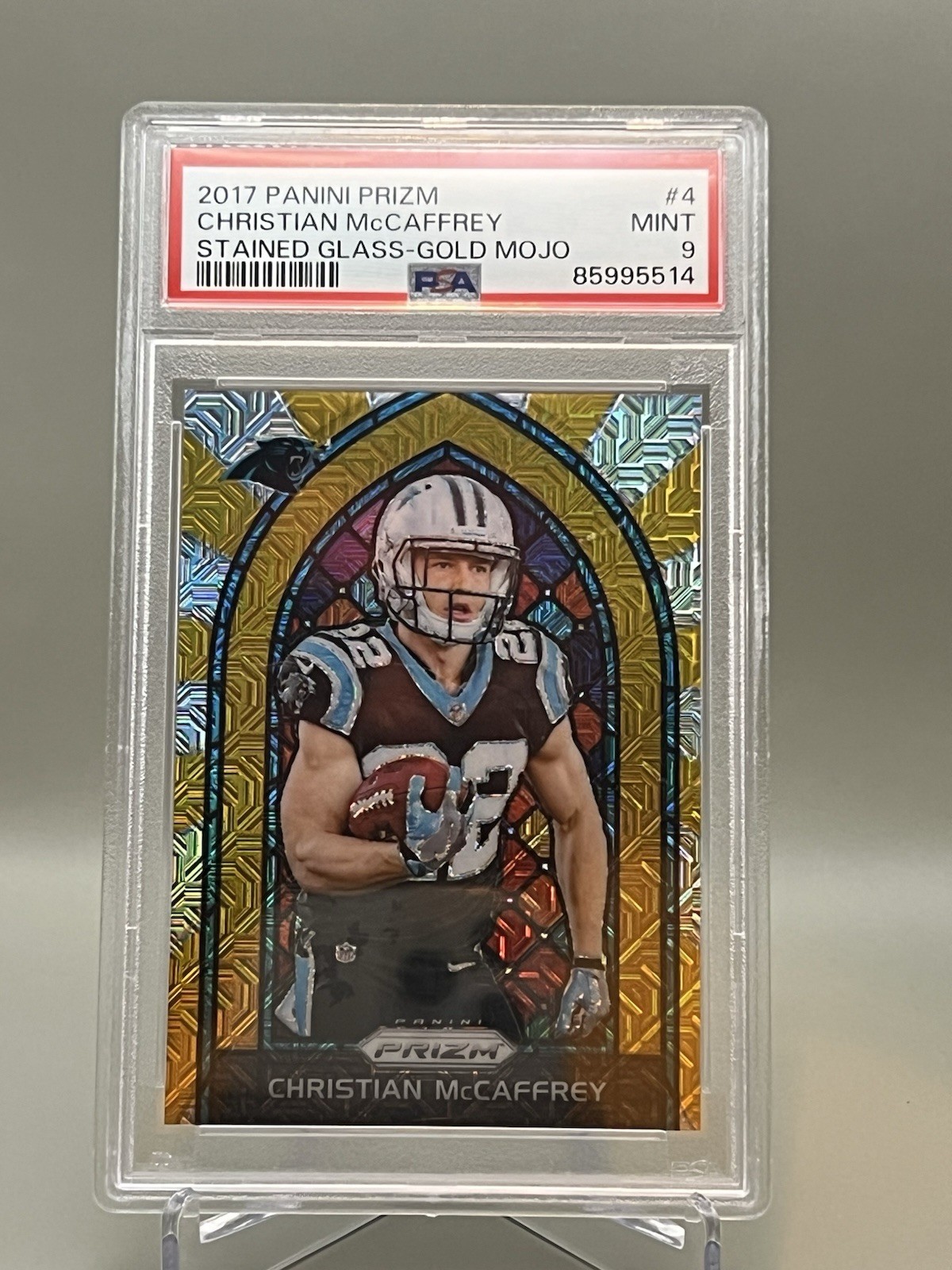 Christian McCaffrey Panini Prizm Stained Glass #4 Gold Mojo