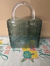 Iridescent Glass Square Handbag Purse Vase w/Double Handle Unique Home Decor NEW
