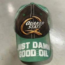 Quaker State Just Damn Good Oil Adult OSFM Distressed Green Curved Brim Hat Cap