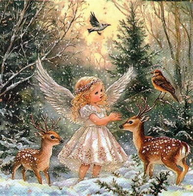 (2) Two Paper Lunch Napkins for Decoupage/Mixed Media - Angel girl with Deer