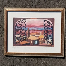 Vintage Bracha Lavee Jerusalem Window Signed Framed Art Print Cityscape 2001