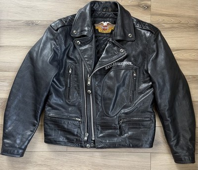 Harley Davidson Medium VTG Leather Jacket D Pocket Embroidered Double Zipper EUC