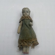 Antique Bisque Frozen Charlotte Dollhouse Doll 2.25” With Dress