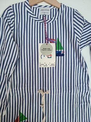 New Bobo Choses Girls Blue Stripe Dress Drawstring Boat Graphic 6 7Y (03032B)