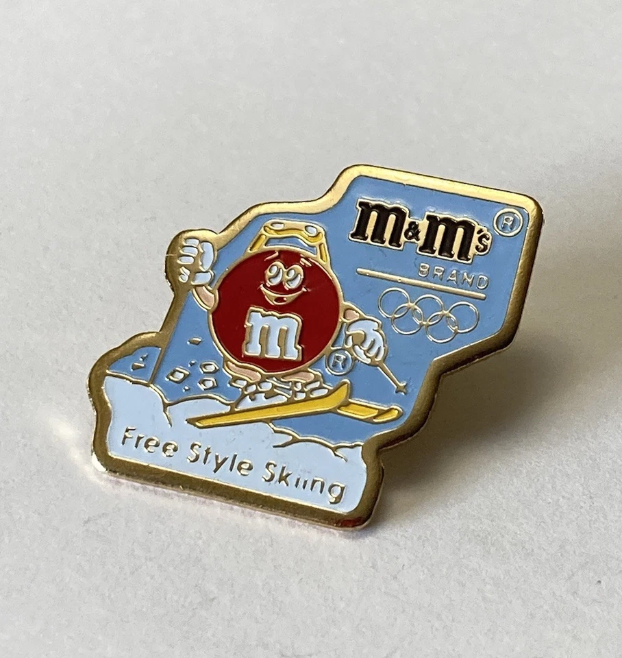 Vintage M&M Brand Albertville Olympic Games Freestyle Skiing Enamel Pin Red Skii - Image 2 of 4