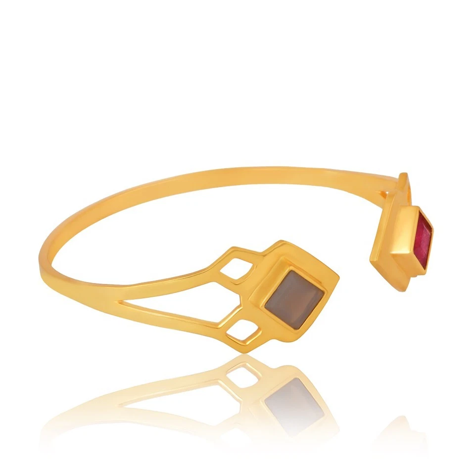 Elegante brazalete brazalete en aventurina roja chapada en oro con calcedonia gris para regalo Foto 3 de 4