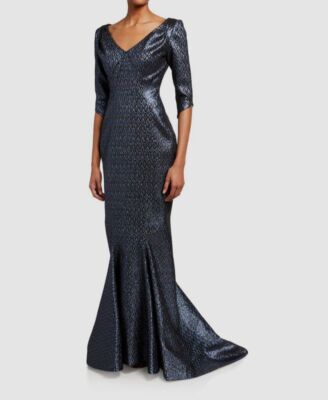 $2990 Zac Posen Women's Blue Metallic Floral Jacquard V-Neck Dress Size 6