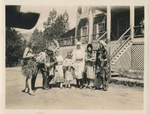 Snapshot Vintage Photo Costume Party Group Halloween Cowboy Pioneer Hula Girl
