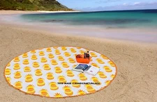Pineapple Print White Tapestry Hippie Beach Throw Indian Round Mat Pom Lace 72"