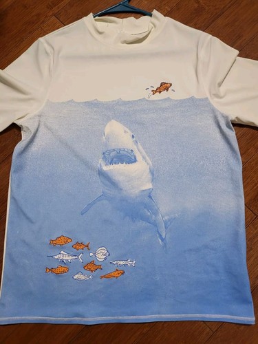Boys Lands' End White Blue Shark Fish XL 18H - 20H Shirt Top - Picture 5 of 11