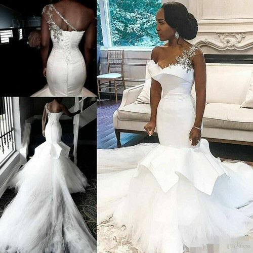 Sexy Mermaid Beaded One Shoulder Wedding Dresses Ruffles Long Train Bridal Gown - Afbeelding 1 van 8