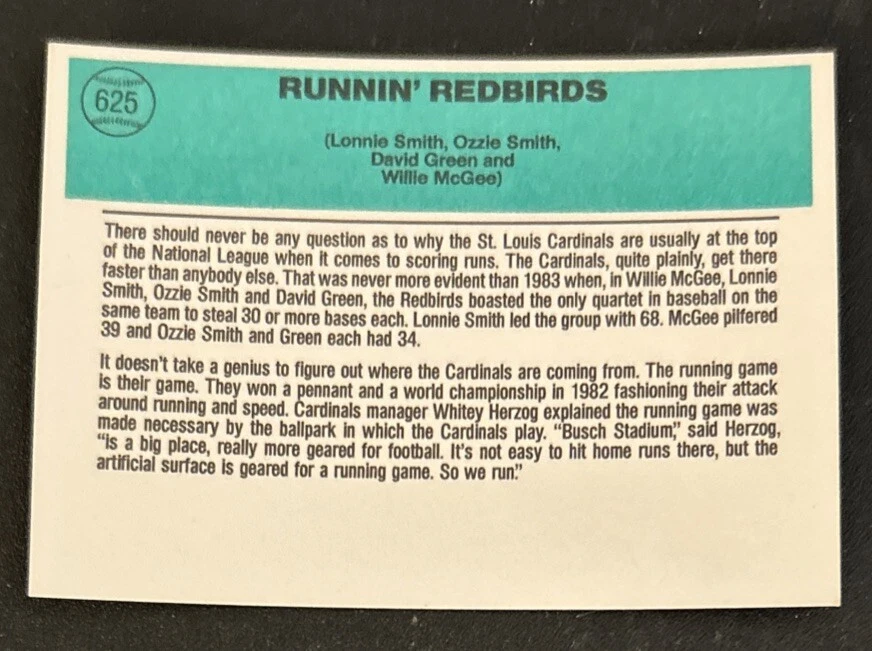 1984 Donruss Runnin Redbirds Lonnie Ozzie Smith David Green Willie McGee #625 EX - Image 2 of 2