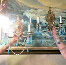 PAIR Vintage Sconces bronze brass Dining room lamp chandelier Aqua Blue opaline